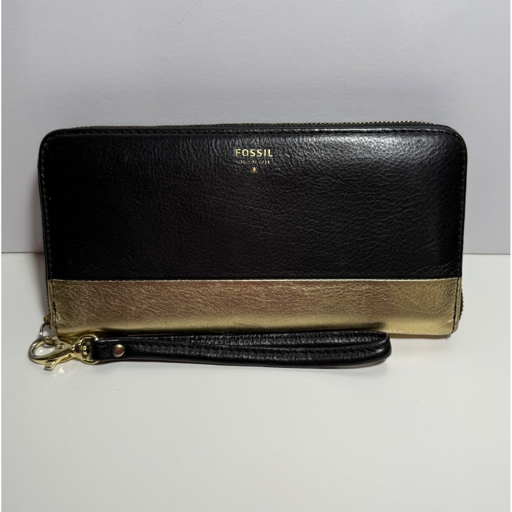 Fossil Zip Around Clutch Wallet Black Gold Metallic Women's Leather Wristlet EUC